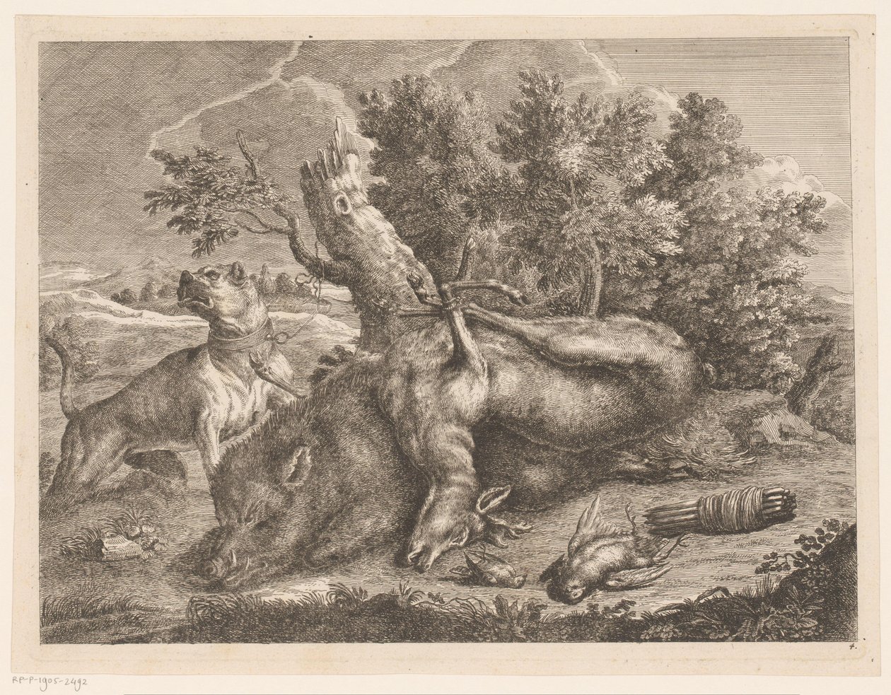 Lovecký pes a kořist s kance, jeleny a ptáky Lovecké boty (název série) od Johann Georg Wachsschlunger