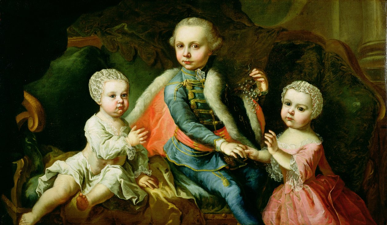 Tři děti sedící na pohovce, údajně členy rodiny Esterhazy, 1771 (olej na plátně bez podšívky) od Johann Georg Weikert