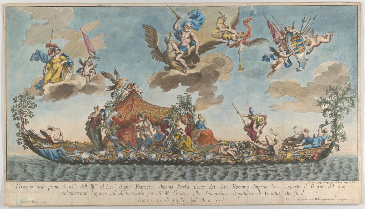 Nádherně zdobená první gondola Francesca Antonia Berky vjíždějící do Benátek, bohové na cl..., 1700. od Johann Georg Wolfgang