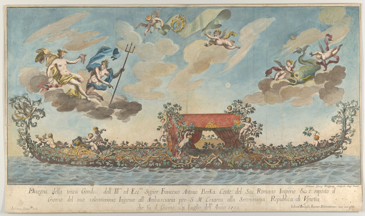 Vysoce zdobená třetí gondola Francesca Antonia Berky vjíždějící do Benátek, bohové na cl..., 1700. od Johann Georg Wolfgang