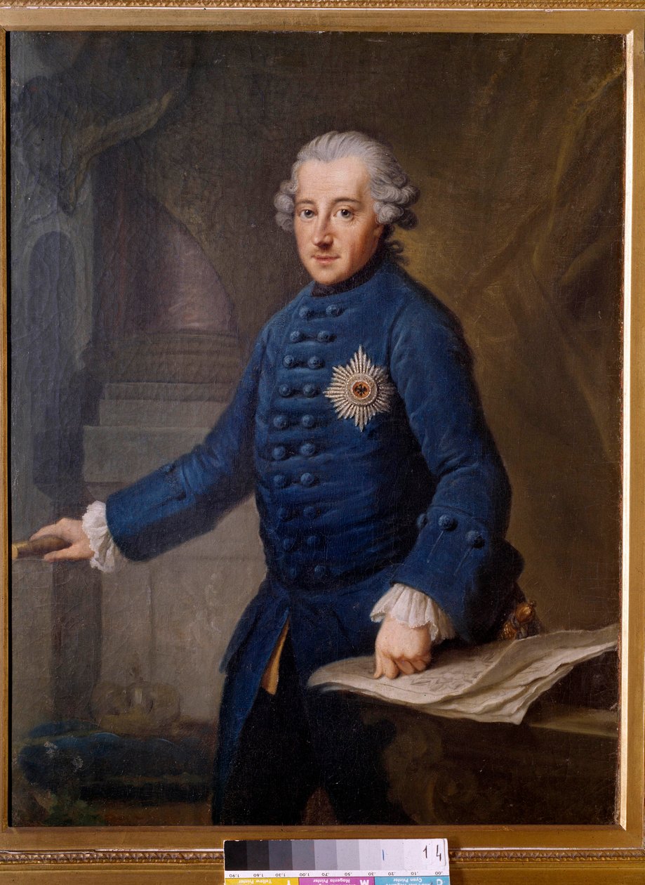 Portrét pruského Fridricha II. (1712-1786) Pruský král Fridrich II. Pruský zvaný Fridrich Veliký byl osvícenecký despota nesoucí ideály Století světla. Obraz Johana Ziesenise (1716-1776). 1769. Frankfurt. Historické Mus od Johann Georg Ziesenis