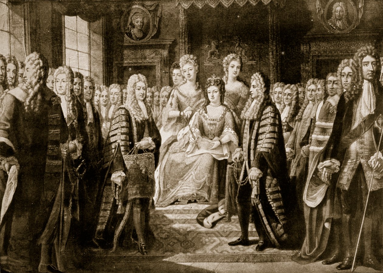 Články Unie předávané královně Anně, 1706, ilustrace z knihy "Hutchinson