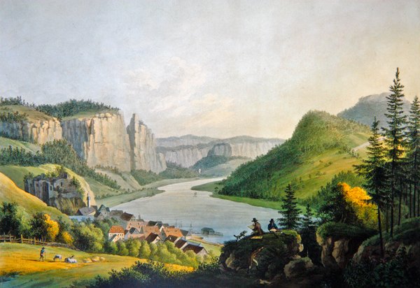 Pohled na Wehlen na Labi u Konigsteinu v Sasku, ryl Johann-Friedrich Wizani (1770-1835) (barevná rytina) od Johann Gottfried (after) Jentsch
