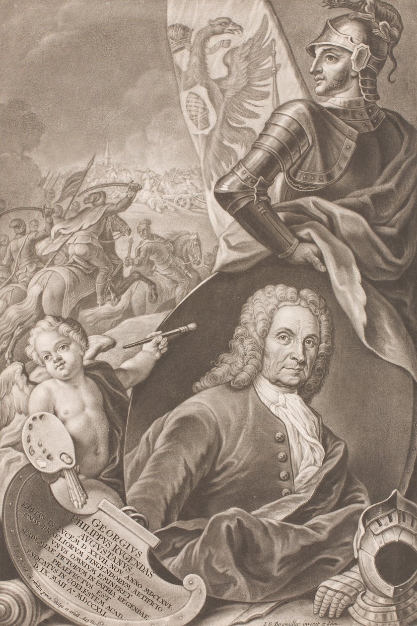 Busta malíře Georga Philippa Rugendase s bitevní scénou v pozadí od Johann Gottfried Haid