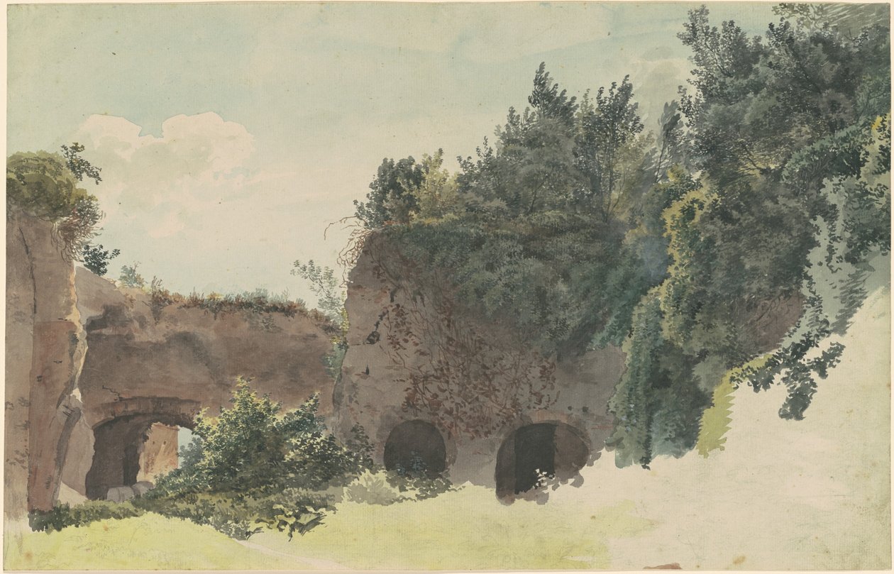 Starověké římské ruiny zarostlé stromy a keři od Johann Gottfried Klinsky