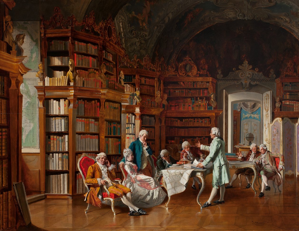 Scéna z knihovny, konec 19. století (olej na panelu) od Johann Hamza