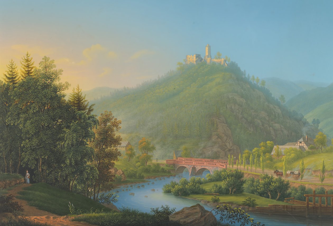 Pohled na Kynsburg přes údolí řeky Weistritz ve Slezsku, konec 18.-19. století. od Johann Heinrich Bleuler