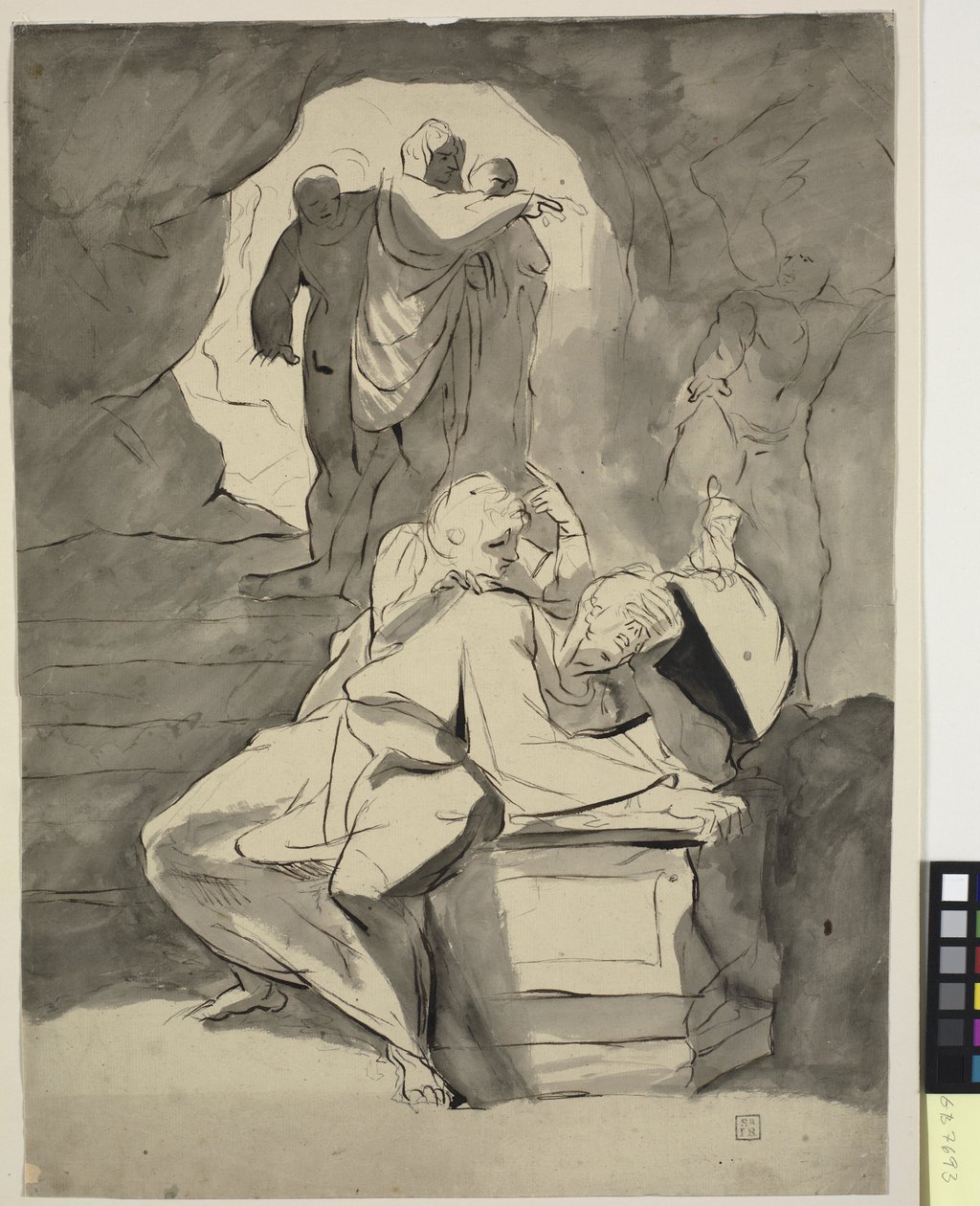 Muž v zoufalství nad náhrobkem v jeskyni s dalšími postavami od Johann Heinrich Füssli