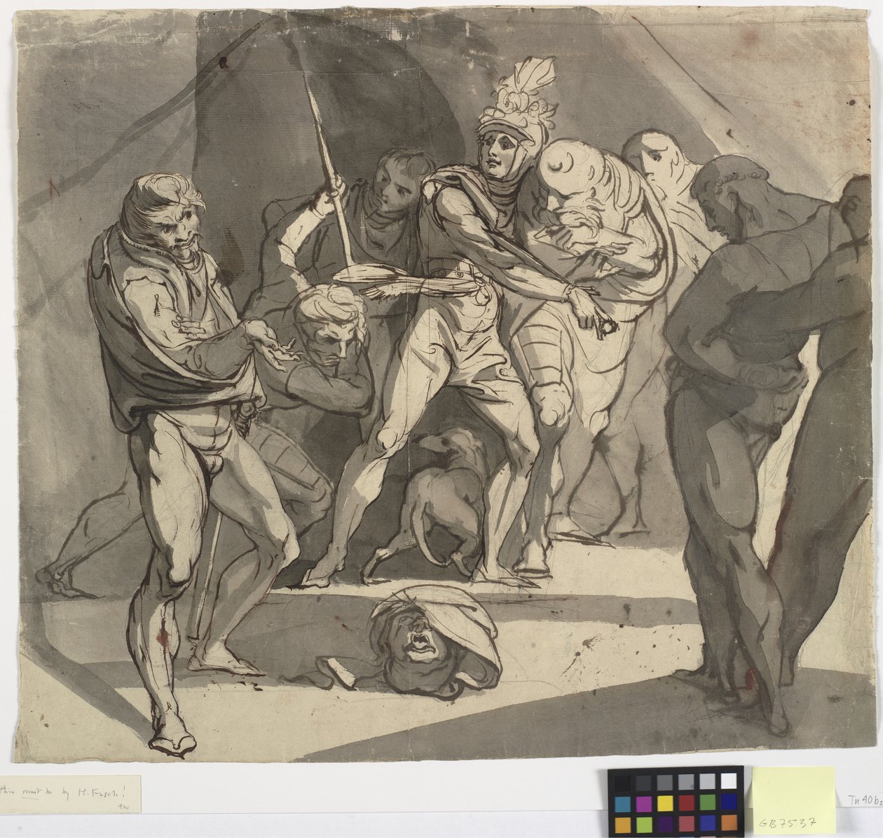 Richard Plantagenet hodí useknutou hlavu vévody ze Somersetu k nohám jeho otce. Ilustrace k Shakespearovi Jindřich VI., část 3, dějství 1, řádek 20 od Johann Heinrich Füssli