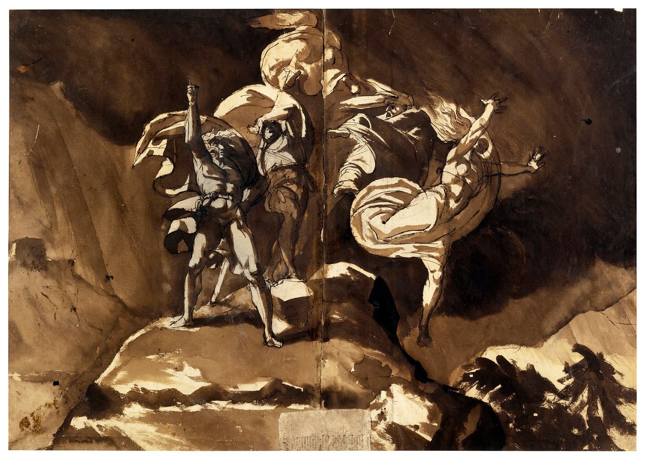 Čarodějnice vznášející se nad Macbethem a Banquom (Les sorcieres flottant au dessus de Macbeth et Banquo) - par Fussli (Fuseli), Johann Heinrich (1741-1825), - pero, štětec, hnědý tuš, bílá barva, černá křída na papíře, 46,5x66,2 - Soukromá sbírka od Johann Heinrich Füssli