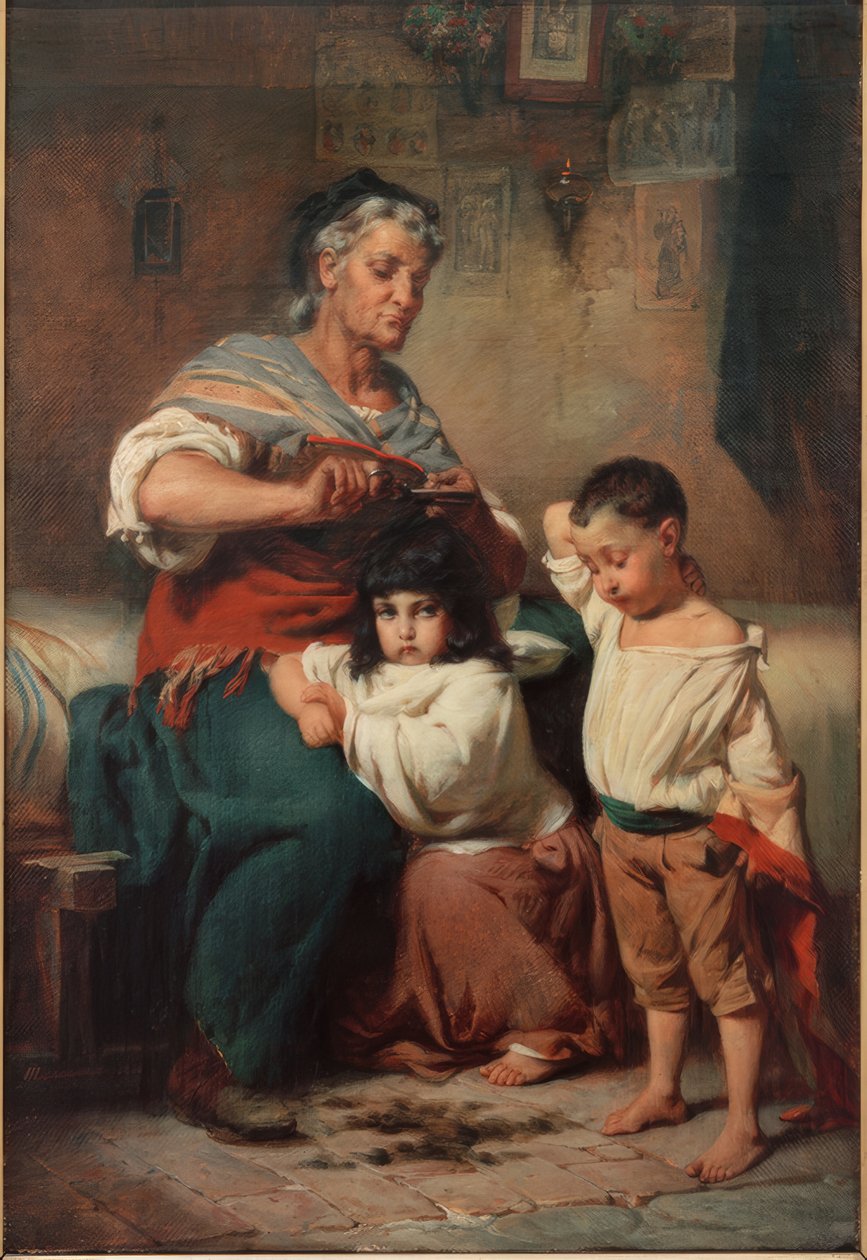 Babička stříhá vlasy vnoučatům od Johann Heinrich Hasselhorst