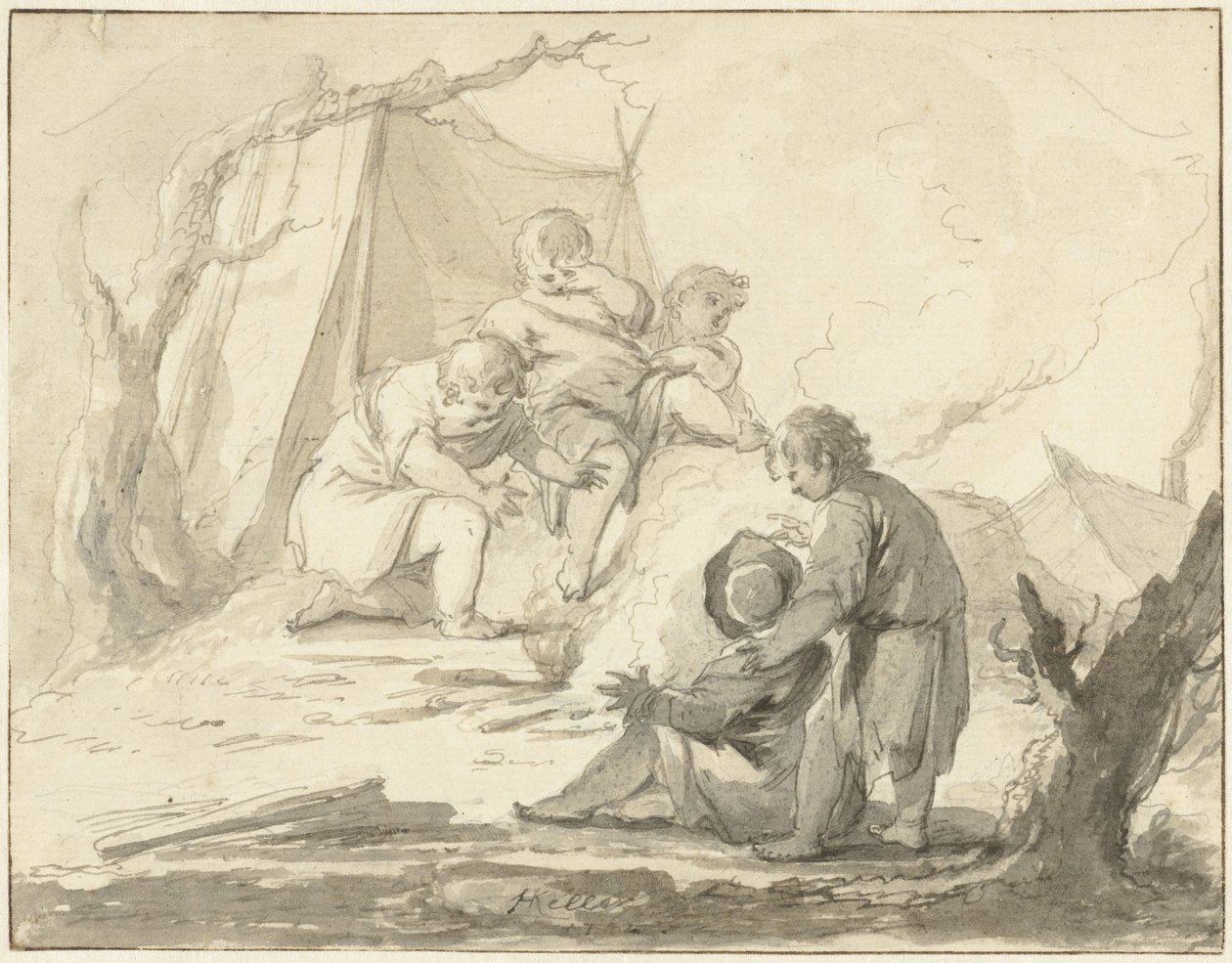 Alegorické zobrazení s dětmi kolem ohně od Johann Heinrich Keller (II)