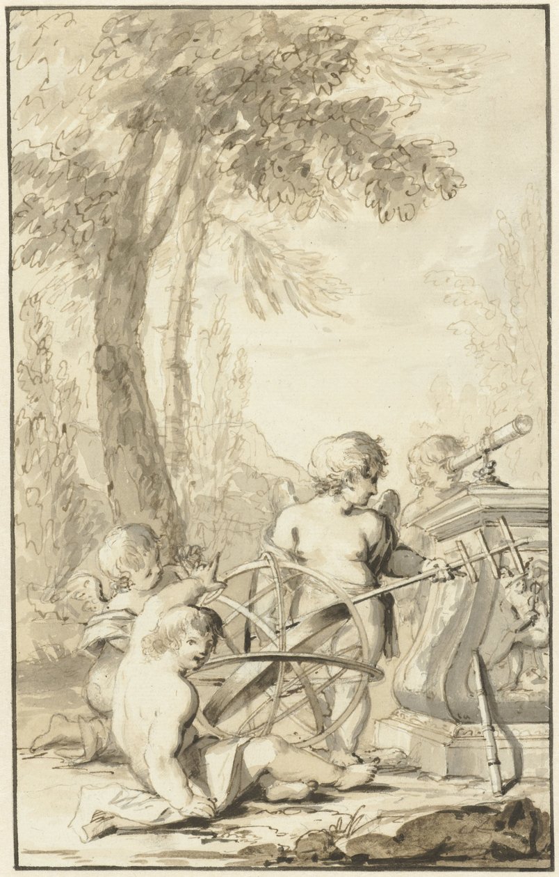 Alegorické zobrazení s dětmi hrajícími si s astronomickými nástroji od Johann Heinrich Keller (II)