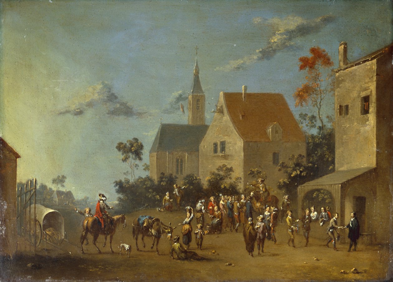 Rolníci se shromažďují ve vesnici (olej na kovu) od Johann Heinrich Keller