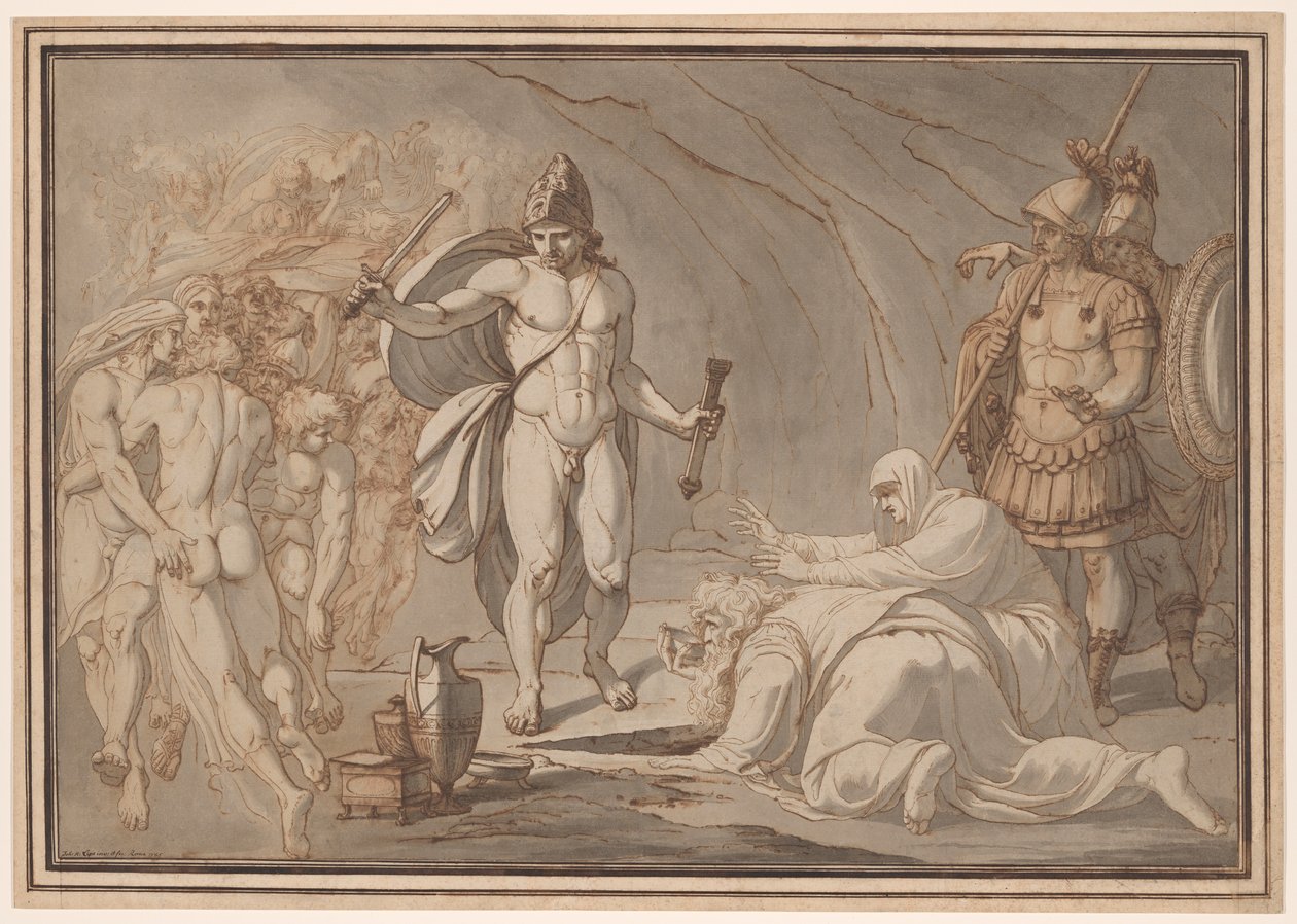 Odysseus se u Hádových dveří setkává se stíny Tiresia a Antikuly od Johann Heinrich Lips