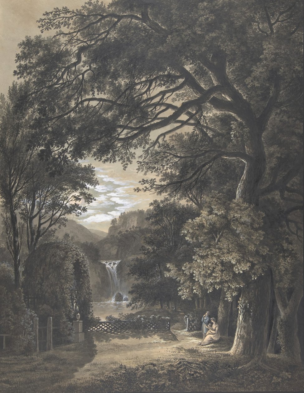 Rodina shromážděná před pomníkem v krajině s vodopádem, 1805. od Johann Heinrich Meyer