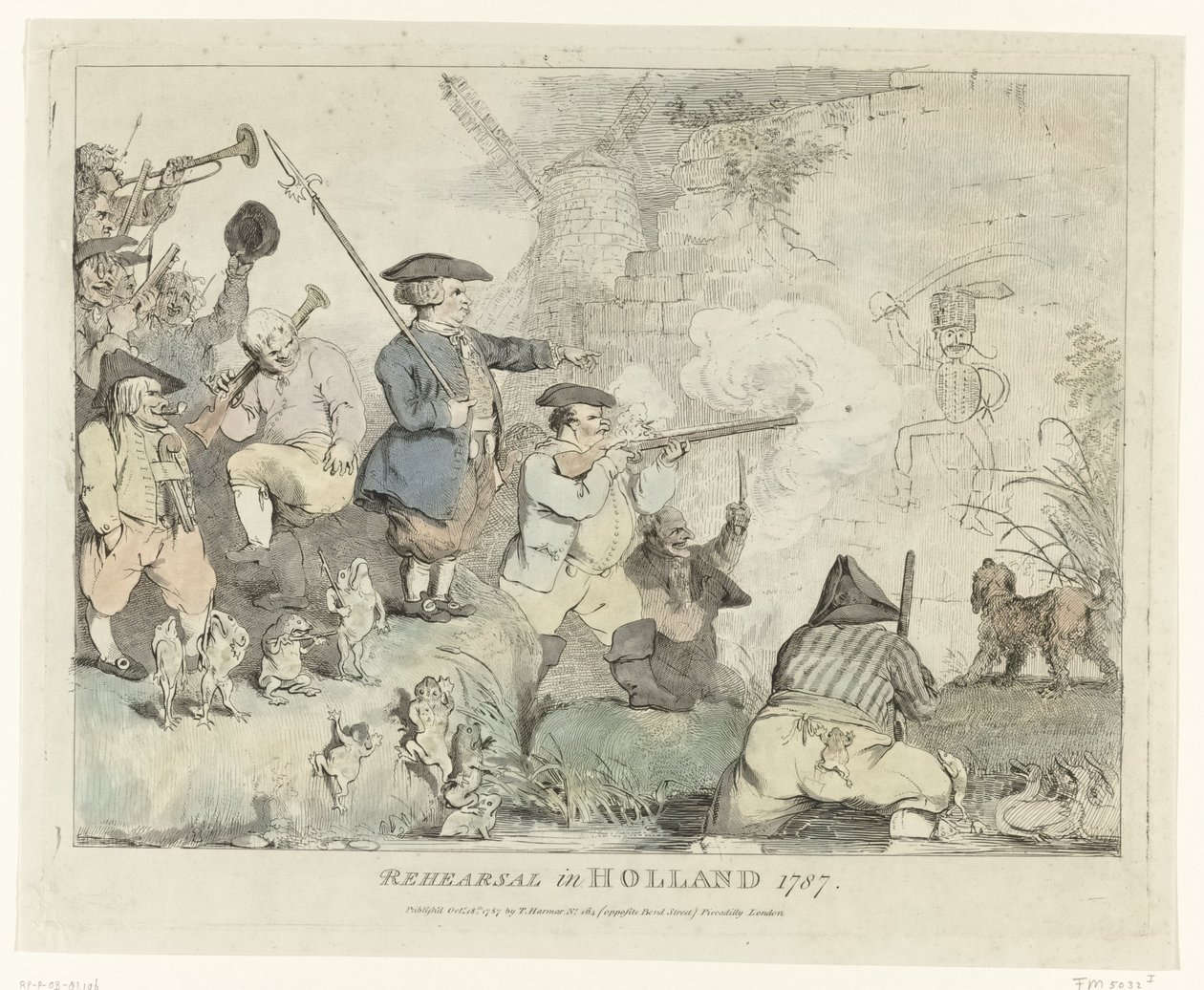 Zkouška Zkouška v Holandsku 1787 (název na objektu) Čtyři anglické karikatury o vlastencích v roce 1787 (název série) od Johann Heinrich Ramberg