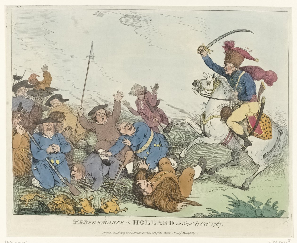 Přehlídka Představení v Holandsku v září a říjnu 1787 (název na objektu) Čtyři anglické karikatury o vlastencích v roce 1787 (název série) od Johann Heinrich Ramberg