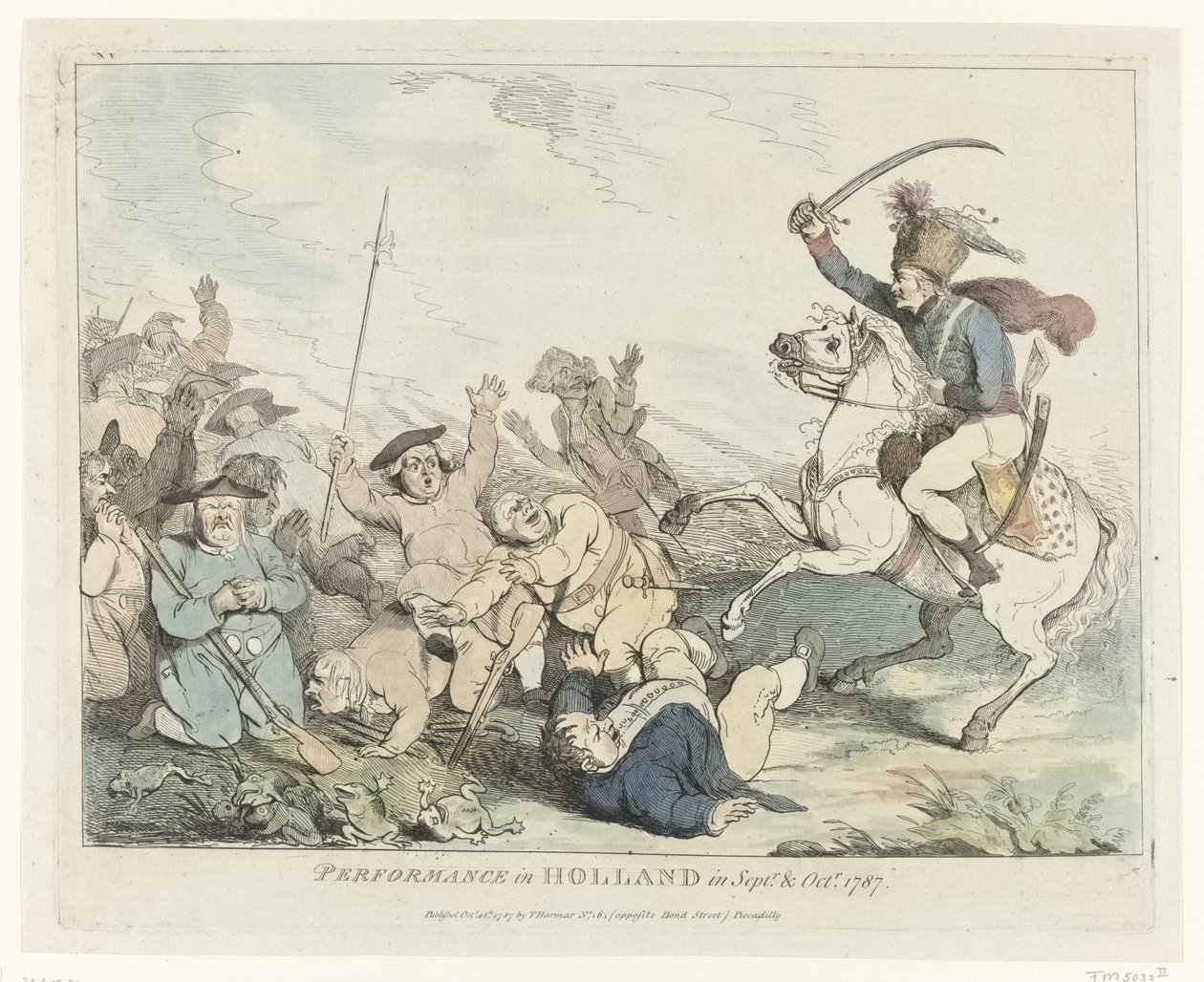 Přehlídka Představení v Holandsku v září a říjnu 1787 (název na objektu) Čtyři anglické karikatury o vlastencích v roce 1787 (název série) od Johann Heinrich Ramberg