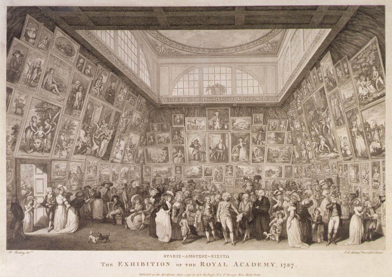 Vnitřní pohled na Somerset House ukazující výstavu Královské akademie umění v roce 1787 od Johann Heinrich Ramberg