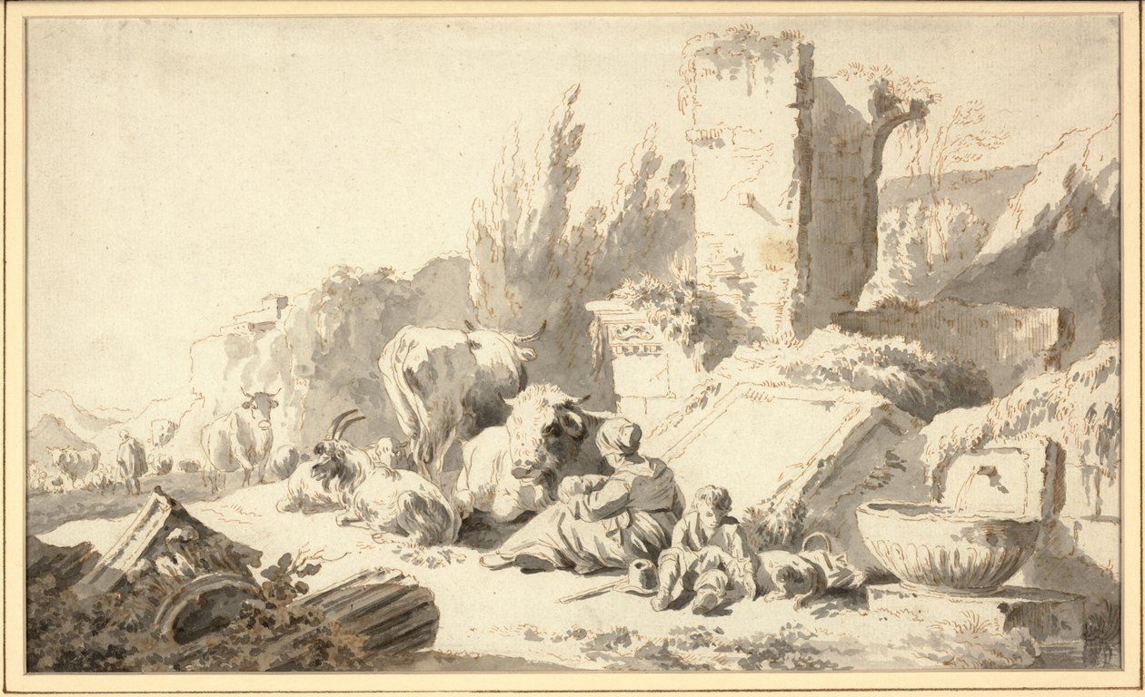 Jezdec se svou rodinou a dobytkem vedle klasických ruin od Johann Heinrich Roos