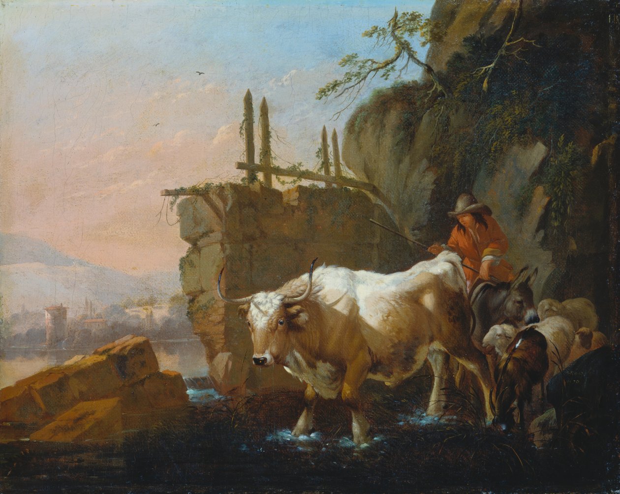 Pastevci ženoucí dobytek přes brod od Johann Heinrich Roos