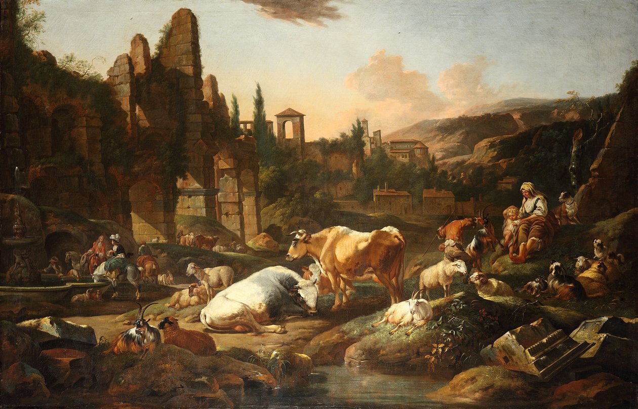 Italská krajina s dobytkem od Johann Heinrich Roos