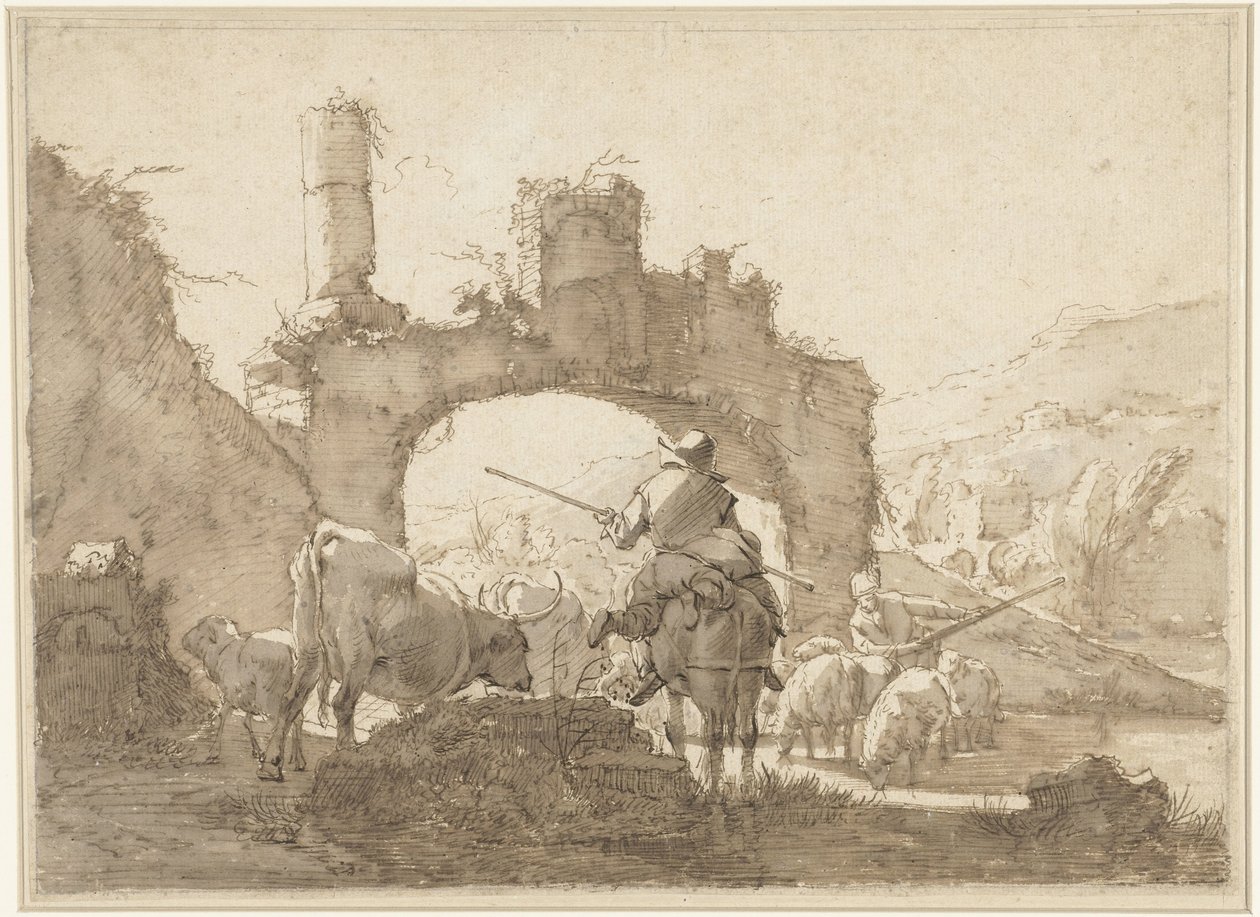 Dva pastýři prohánějí svůj dobytek řekou od Johann Heinrich Roos