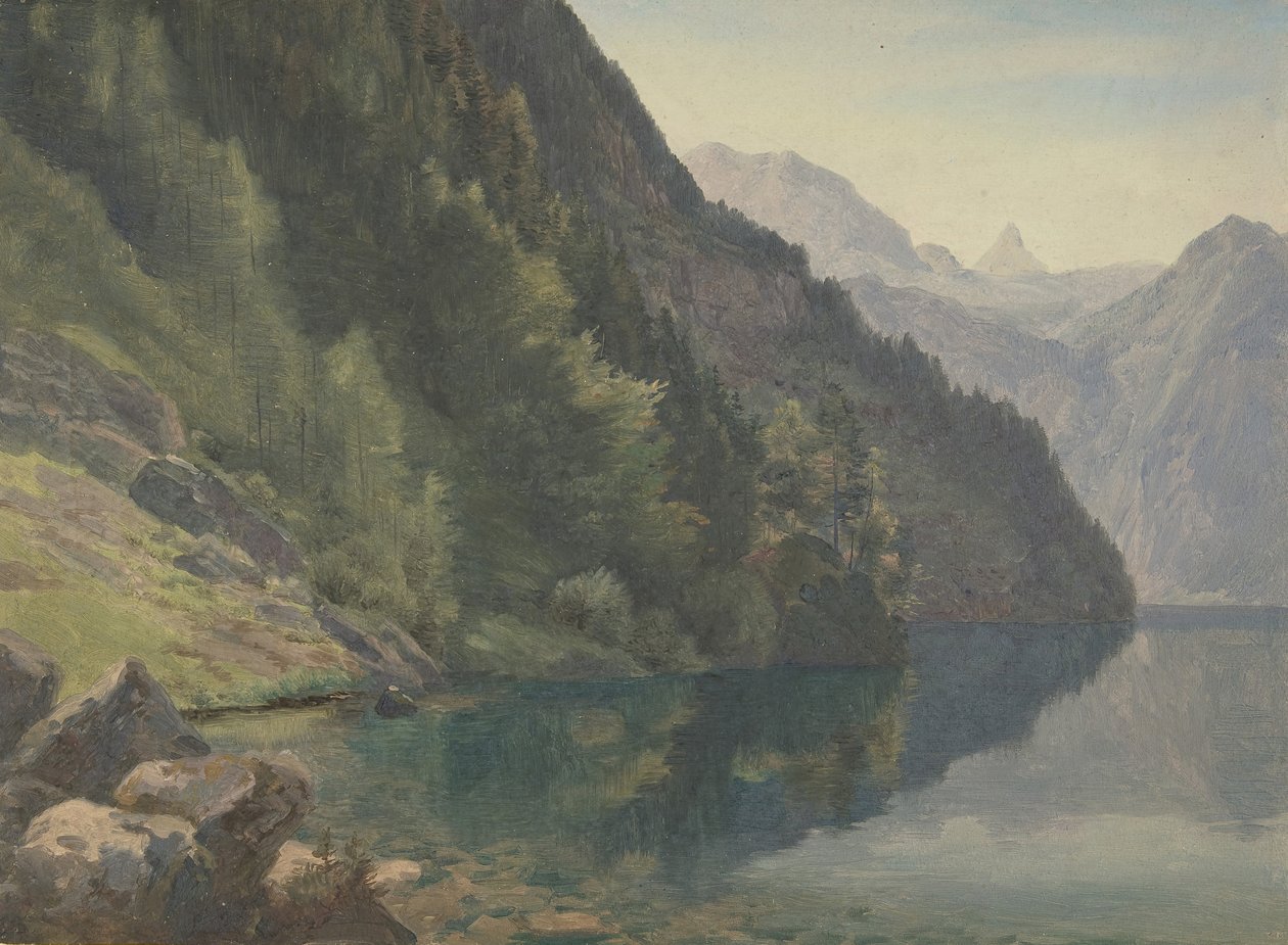 Zalesněné pobřeží u jezera King Königsee, první polovina 19. století. od Johann Heinrich Schilbach