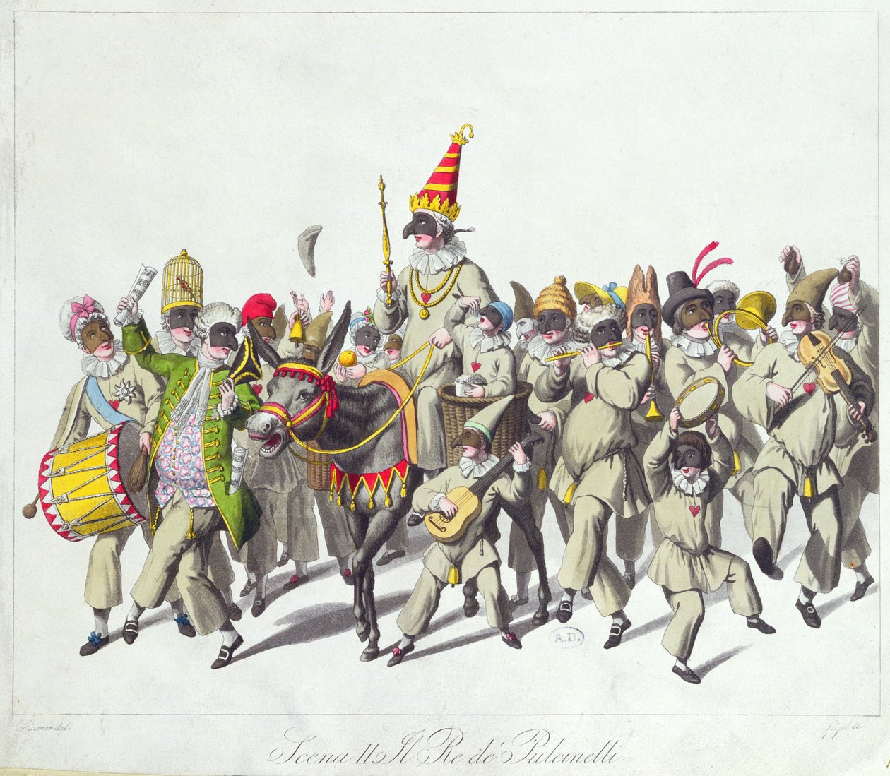 Průvod krále Punche během římského karnevalu, počátek 19. století (barevná rytina) od Johann Heinrich Stuermer