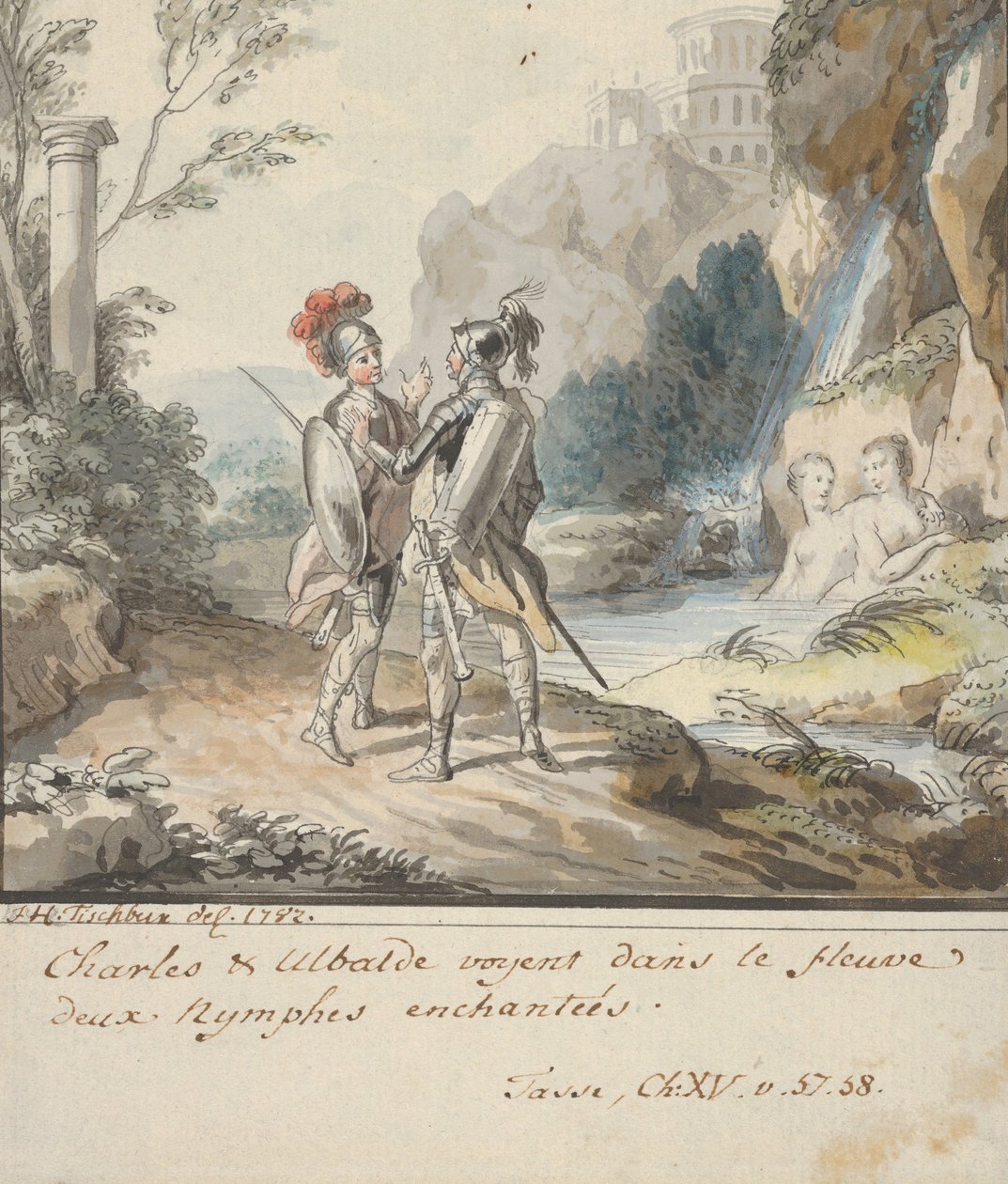 Carlo a Ubaldo odolávají kouzlam Armidiných nymf z Torquata..., 1782. od Johann Heinrich Tischbein