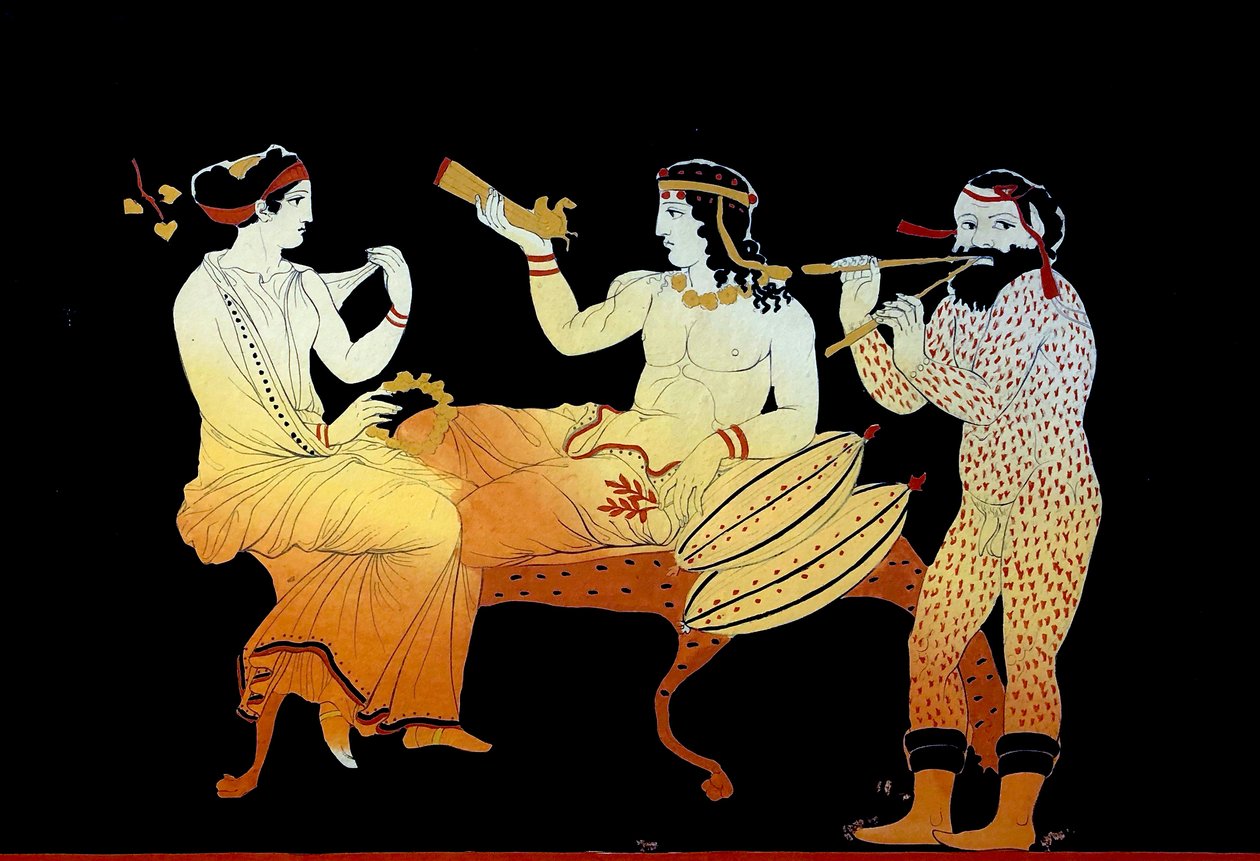 Dionysius za účasti Maenada a satyra hrajícího na Aulos c.1796 (rytina do měděného plechu) od Johann Heinrich Wilhelm Tischbein
