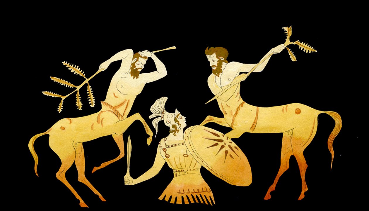 Theseus bojuje s Kentaury na svatbě Pirithous s Hippodamiou, kolem roku 1796 (mědirytina) od Johann Heinrich Wilhelm Tischbein