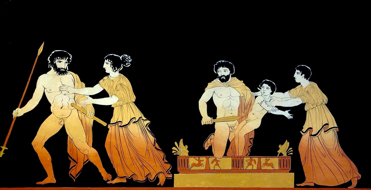 klasická scéna považována za vojáky ohrožující život Astyanaxe, když se ho jeho matka Andromache snaží ochránit kolem roku 1796 (rytina mědi) od Johann Heinrich Wilhelm Tischbein