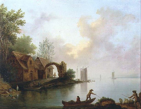 Zalesněná říční krajina s lodníky od Johann Heinrich Wust