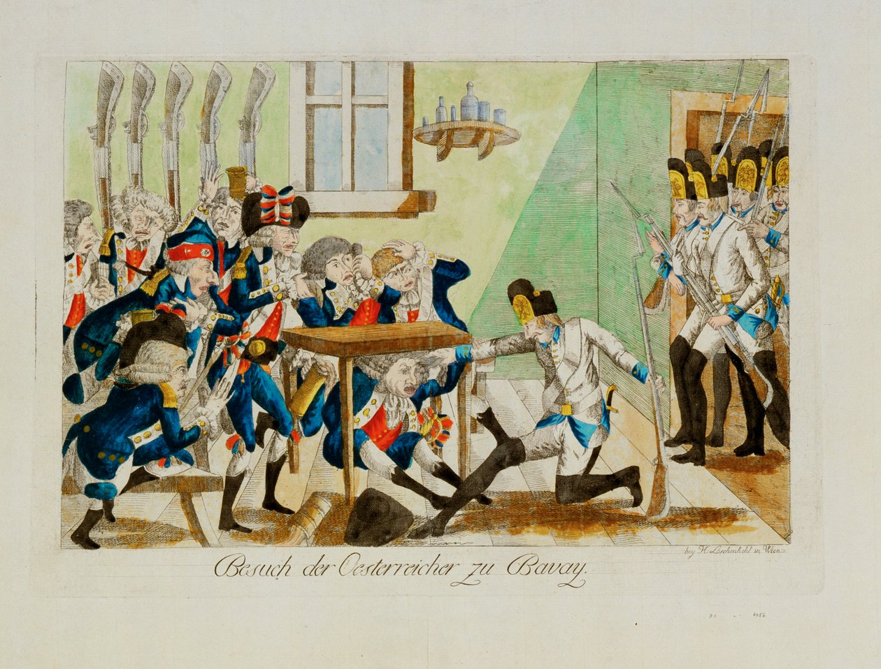 Rakouští vojáci překvapují francouzský oddíl v jeho ubikacích v Bavai... (rytina) od Johann Hieronymus Loeschenkohl
