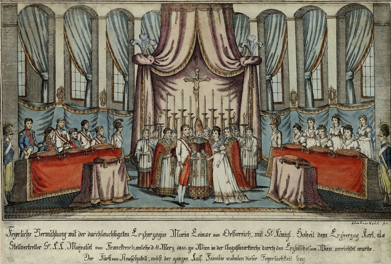 Marie-Louise se ve Vídni provdala za Napoleona v zastoupení, arcivévoda Karel zastupoval Napoleona, 18 od Johann Hieronymus Loeschenkohl
