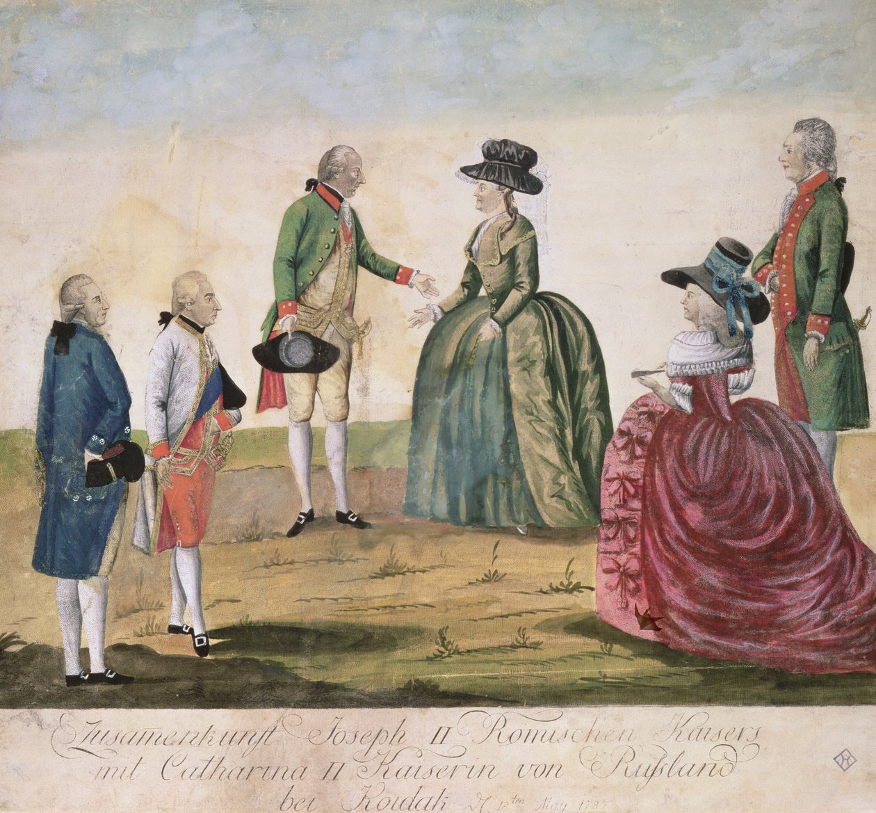 Setkání mezi Josefem II. Německým (1741-90) a carevnou Kateřinou Velikou (1729-96) v Koidaku, 18. května 1787 (barevná mědirytina) od Johann Hieronymus Loeschenkohl