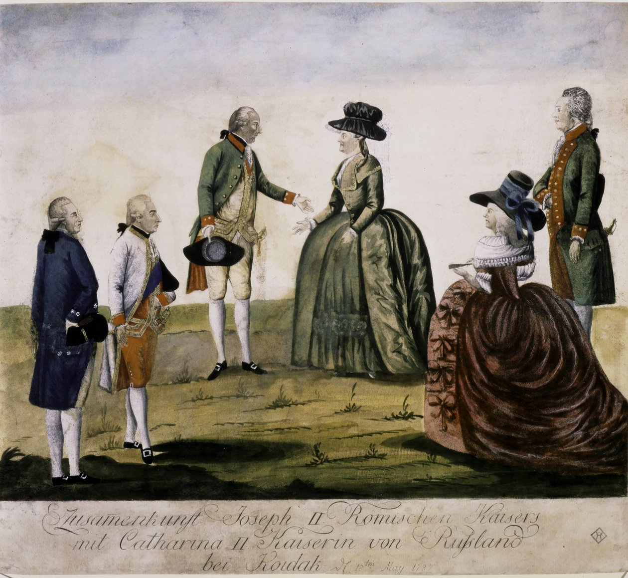 Setkání Kateřiny II. a Josefa II. na Dněpru v květnu... (barevná rytina) od Johann Hieronymus Loeschenkohl