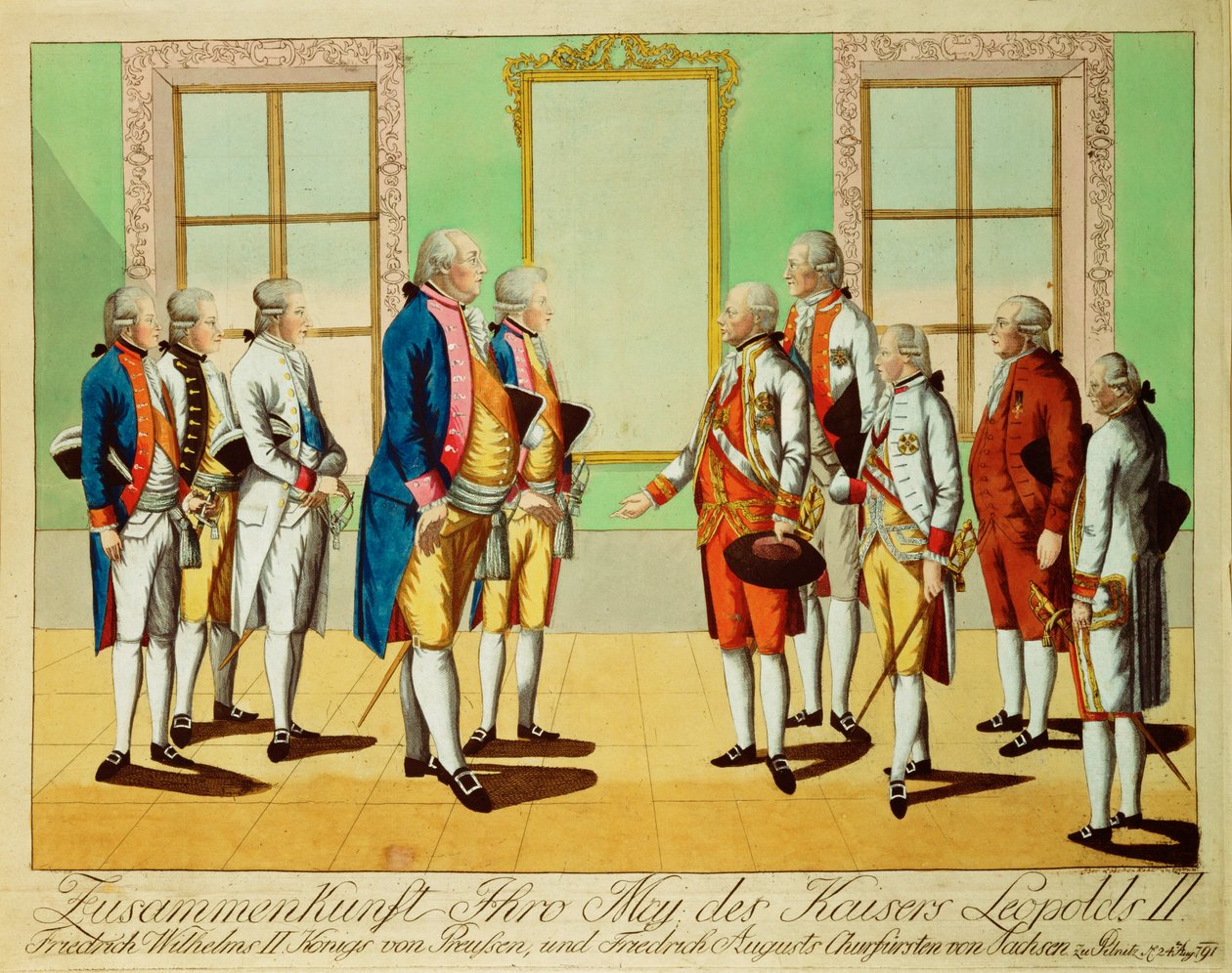 Setkání císaře Leopolda II. s pruským králem Fridrichem Vilémem III. a saským kurfiřtem Fridrichem Augustem na zámku Pilnitz ... (rytina) od Johann Hieronymus Loeschenkohl