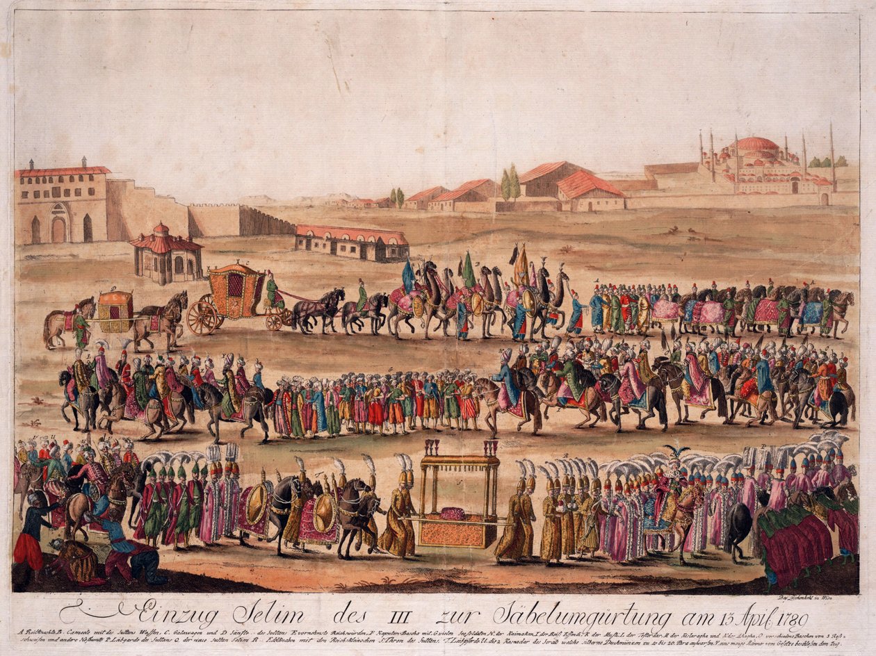 Vstup sultána Selima III. (1761-1808) do Opěsávání šavle 13. dubna 1789 - Loeschenkohl, Johann Hieronymus (1753-1807) - 1789 - Lept, akvarel - 38,6x50,2 - Soukromá sbírka od Johann Hieronymus Loeschenkohl