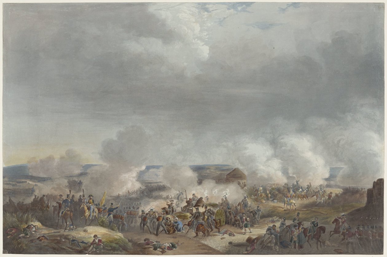 Prince of Orange v bitvě u Quatre-Bras, 1815 Dvanáct desek z příjezdu a inaugurace Viléma I. v Bruselu a bitev u Quatre-Bras a Waterloo v roce 1815 (název série) od Johann Hürlimann