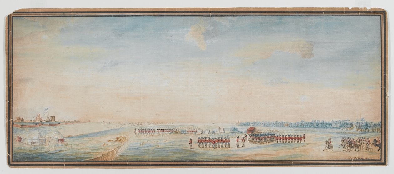 Britská pěchota, domorodá pěchota a domorodá kavalérie cvičí mimo Fort St George, Madras od Johann Jacob Ludewig Rothmeyer