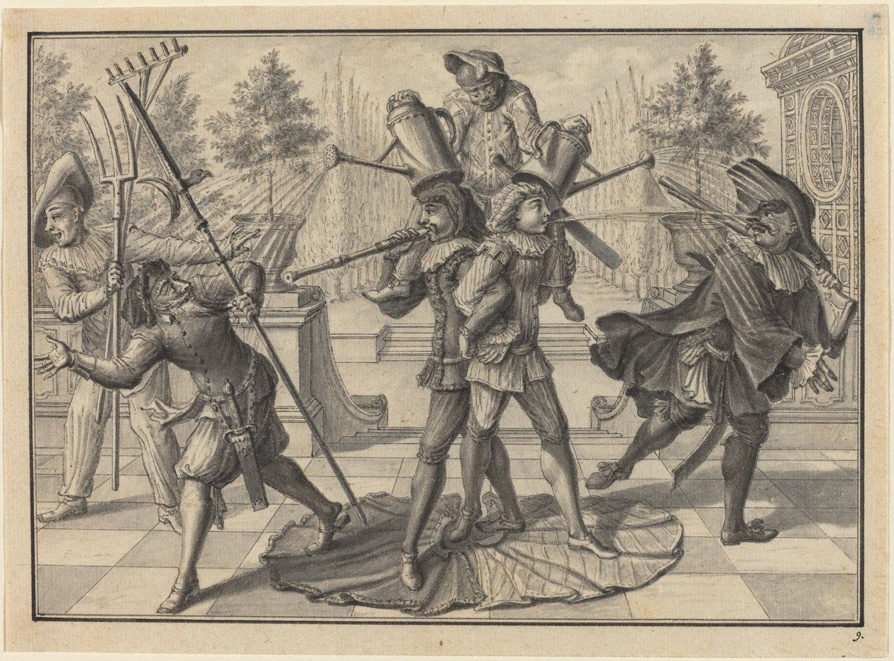 Harlekýn a Scaramouche vytvářejí "fontánu" od Johann Jacob Schubler