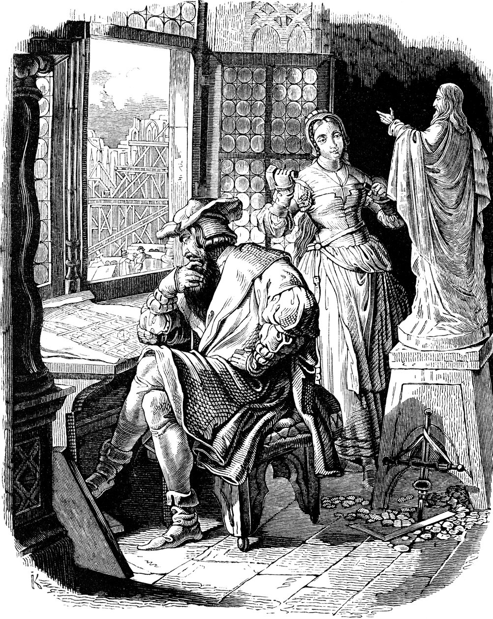 Architekt Erwin von Steinbach s dcerou Sabinou Ilustrace z dějin německého lidu od E. Dullera, 1840 od Johann Jakob Kirchhoff