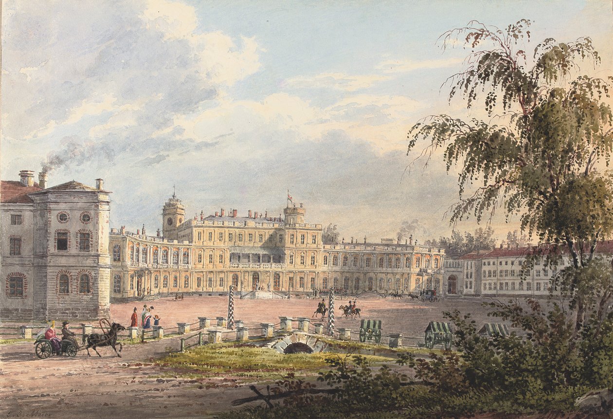 Císařský palác, Gatchina (tužka a akvarel zvýrazněné bílou a arabskou gumou na papíře) od Johann Jakob Meier