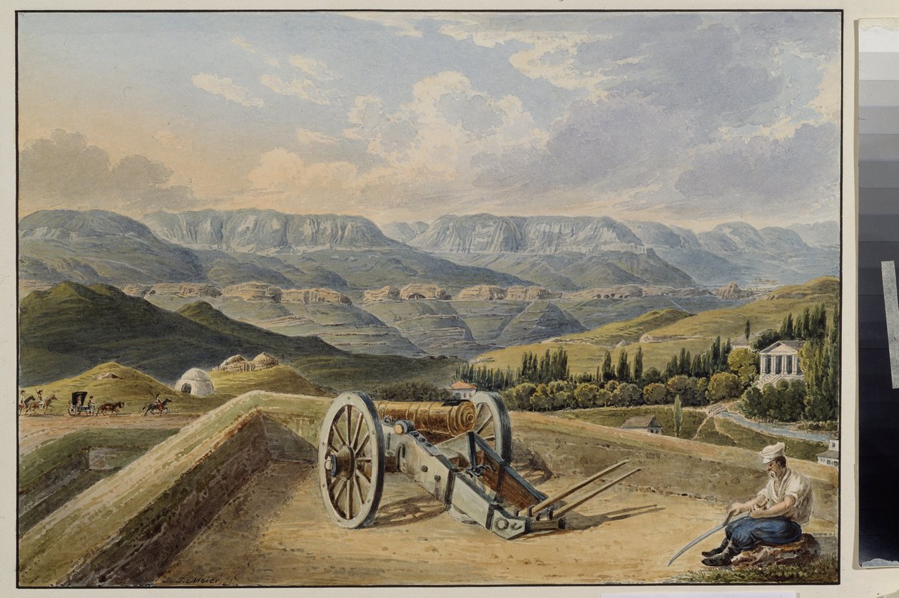 Pevnost Kislovodsk (severní Kavkaz). Baterie v horách. Pevnost Kislovodsk. Baterie v horách. Dílo Johanna Jakoba Meiera (1787-1858), akvarel na papíře, kolem 1843. Německé umění 19. století. Státní muzeum krásných umění A. Puškina od Johann Jakob Meyer