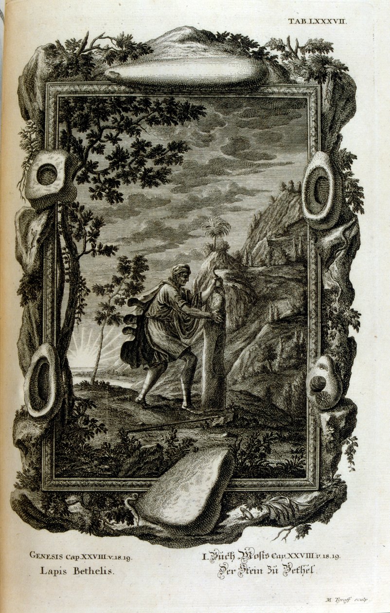 Kámen Jákobův se objevuje v Knize Genesis jako kámen používaný jako polštář izraelským patriarchou Jákobem na místě později zvaném Bet-El. Když měl Jákob ve spánku vidění, zasvětil kámen Bohu, od Johann Jakob Scheuchzer
