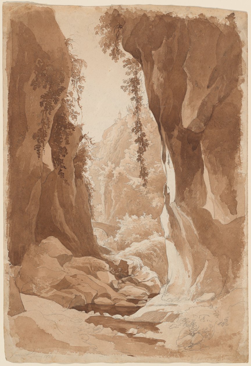 Cliffs Overhanging a River Gorge poblíž Sorrento (recto) od Johann Joachim Faber