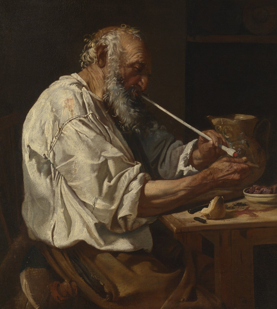 Old Peasant Lighting a Pipe, cca 1660 (olej na plátně) od Johann Karl Loth